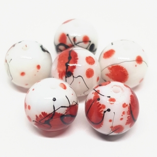 Korálky skleněné, 10mm, černobíločervená, 2ks