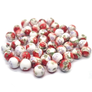 Korálek porcelánový, bíločervená, 6mm, 2ks