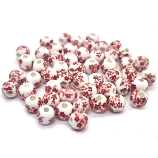 Korálek porcelánový, bíločervená, 6mm, 2ks