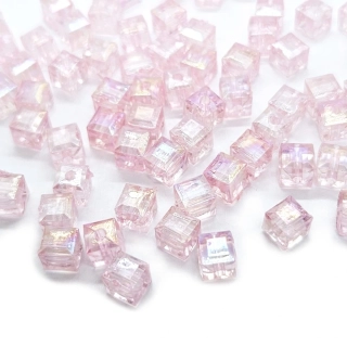 Plastová kostka, AB efekt, růžová, 6x6x6 mm, 25ks