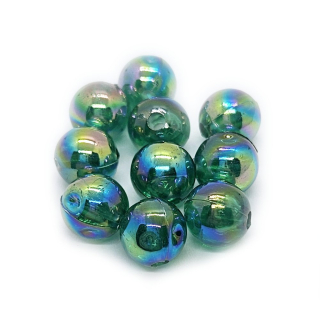 Plastový korálek, AB efekt, zelená tm., 10mm, 10ks